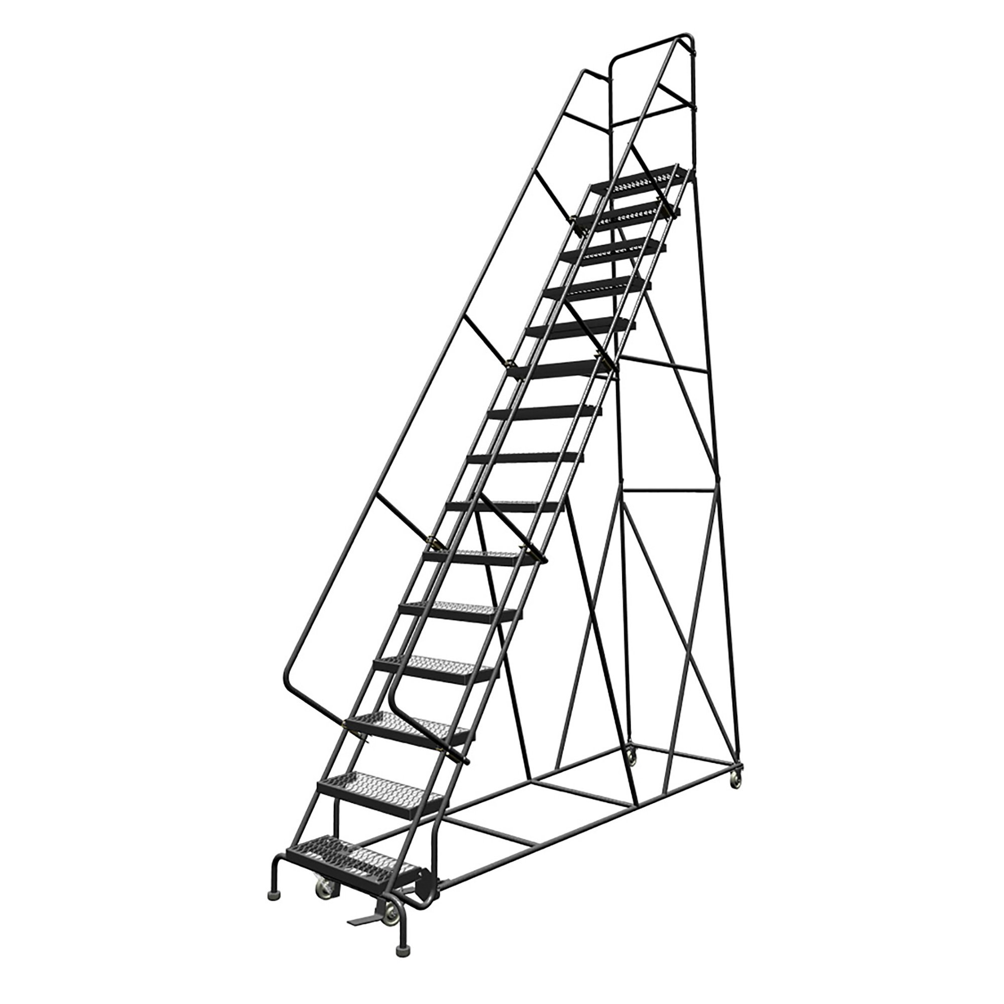 Tri-Arc 15-Step Steel Rolling Ladder with Serrated Steps— Gray, 24in.W x 10in.D Platform, 450-Lb. Capacity, Model# KDSR115242